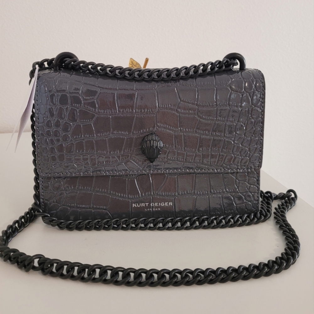 Kurt Geiger Black Croc-Embossed Crossbody Bag with Chain
